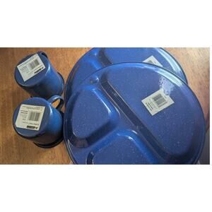 Set of 4 Blue Speckled Enamel Plates and Coffee Cups Camping